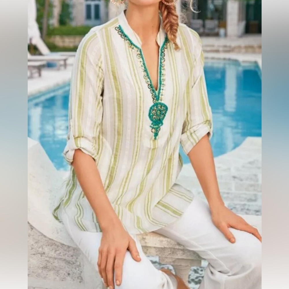 Soft Surroundings Ivory Light Green Striped Elisha Tunic Sz M